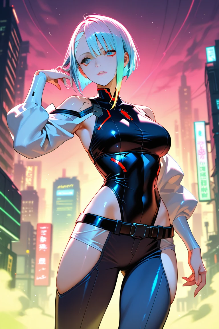 top-quality、Top image quality、in 8K,4K,masterpiece、(NSFW:1.3)、ultra-detailliert、Beautiful、ultra-quality、adult-like、Cool、girl with(((18year old、White Zero Suit 1:3、Bust 78、silber hair、a short bob、Red Eyes、flank、erotick:1.4、Happiness、The tattoo)))、place々torn:1.4、Raise your hands up:1.3、hiquality、visualart、Background with((nightcity:1.2))、masutepiece