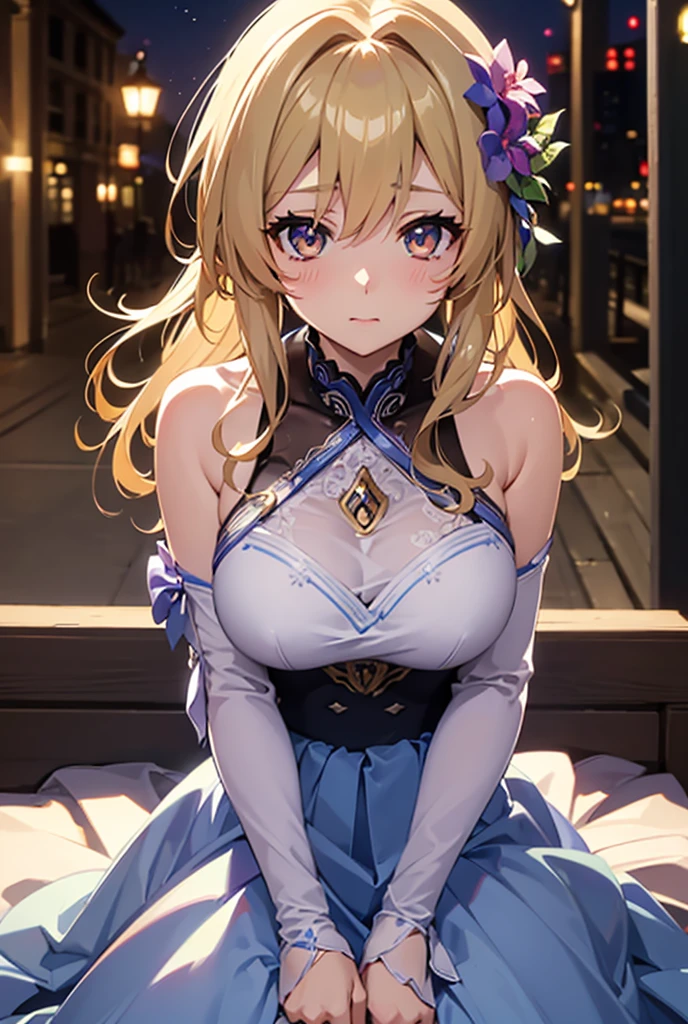 (masterpiece, Highest quality, High resolution, Very detailed, 8k, 4K), Art Book, Anime Coloring, CG, figure , Fantasy, MKSKS ,One girl, alone, Earrings, choker, There is a large decorative circular pattern in the background, smile, Make your viewers happy, firework, performer, night, Outdoor, (Dutch Angle), close, Face Focus, Upper Body, Evening Shrine (Genshin Impact)