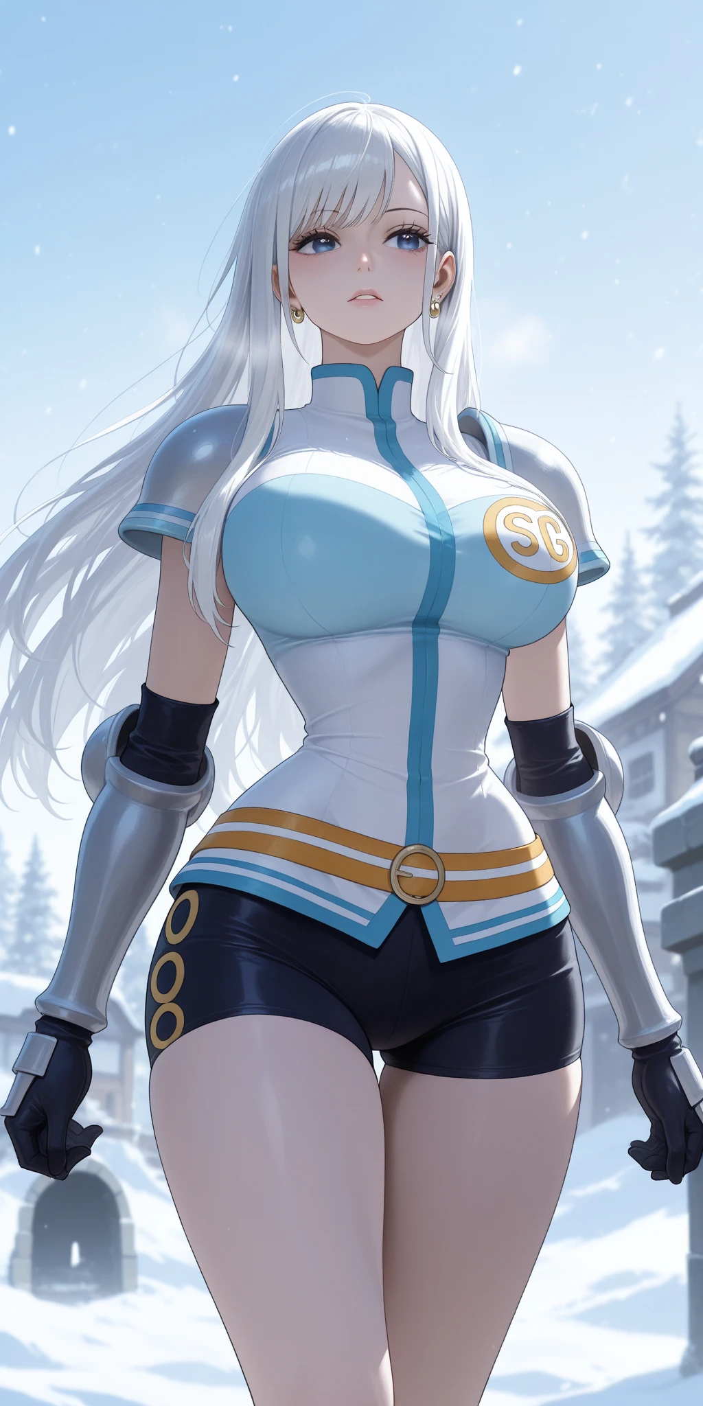 Best texture, high quality, ultra HD, 8K, full body photo, panoramic picture, snow, flying snowflakes, girl, melon seed face, big tits, ultra-detailed face, blue eyes, long eyebrows, fair skin, silver long hair, flowing long hair, rising with the wind, snowflake colorful gifts, realistic, very detailed, high detail, ultra-clear,