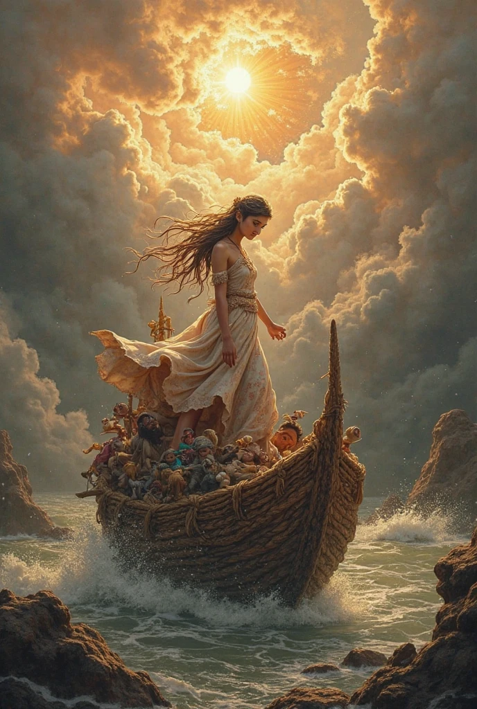 A majestic siren perched atop a rocky outcropping, her enchanting song echoing across the sea and luring sailors to their doom.
