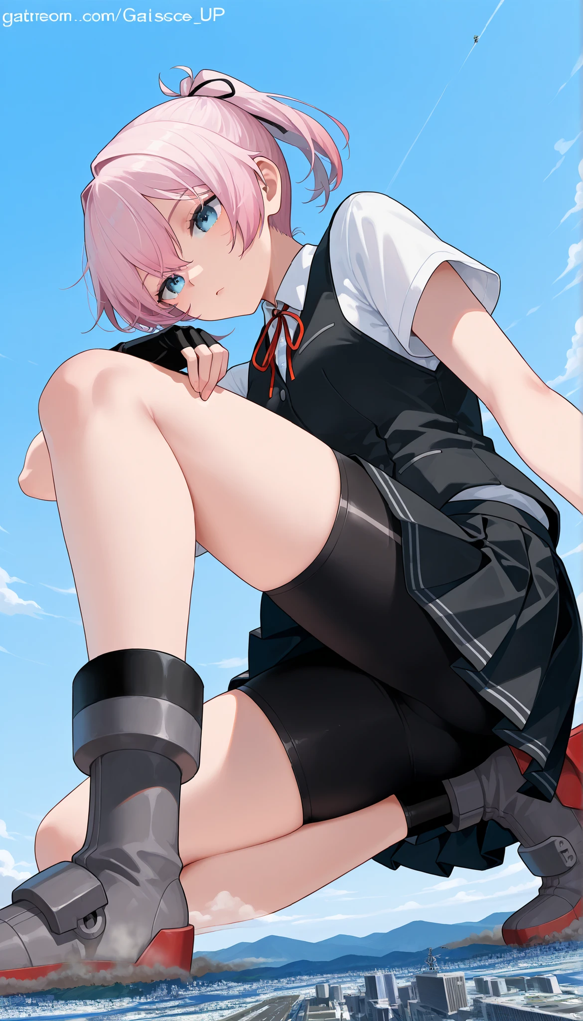 score_9_up, score_8_up, score_7_up, Sit on the ground,bike shorts, black gloves, black skirt, black vest, blue eyes,dress shirt, fingerless gloves, gloves, kantai collection, neck ribbon, pink hair, pleated skirt, ponytail, red ribbon, ribbon, school uniform, shirt, short hair, short sleeves, shorts, shorts under skirt, skirt, vest, white shirt,, (giantess:1.4), microcity, 1girl, solo, collapsed city, Outdoors, (from below), masterpiece, best quality