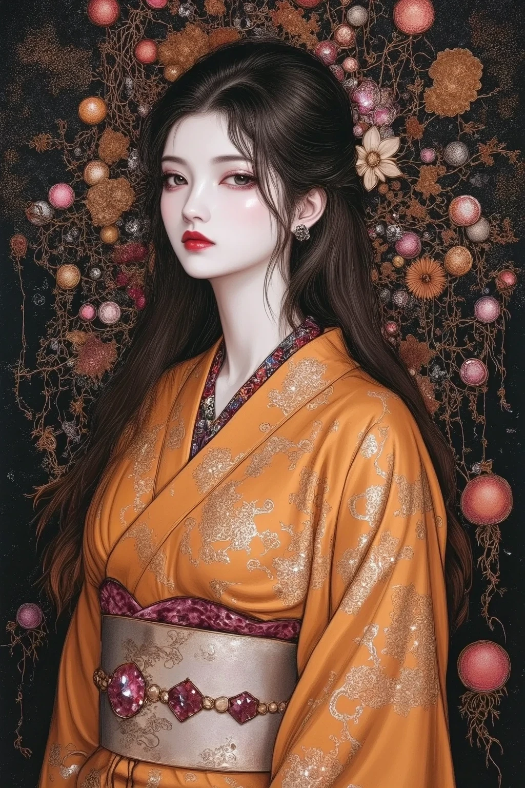 A woman wearing a brightly colored luxurious kimono, Includes rich red ...