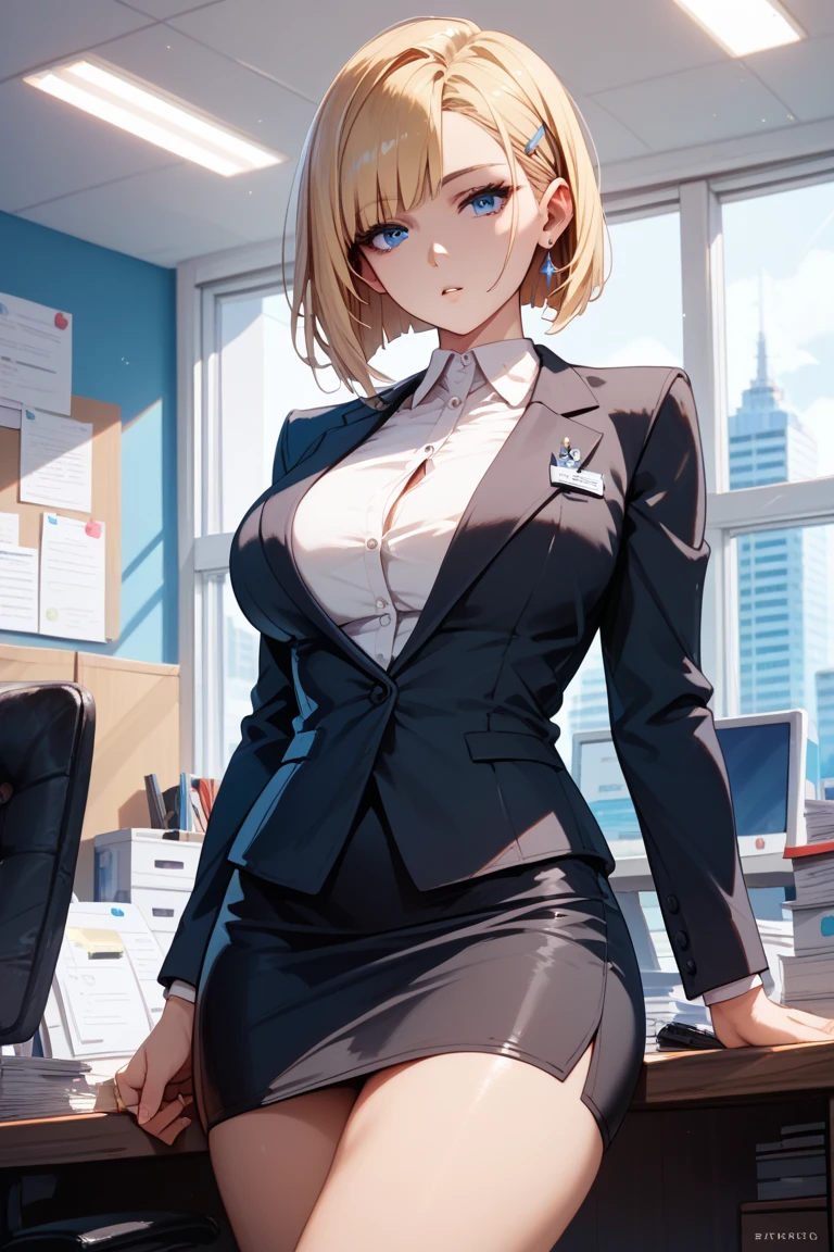 Blonde Shorthair　Glasses　white blouse　black tight skirt　stockings　(lanyard id card)　35 years old　red rouge plump lips　round face　Plump　Eyes meet　Office on the top floor of a skyscraper　secretary