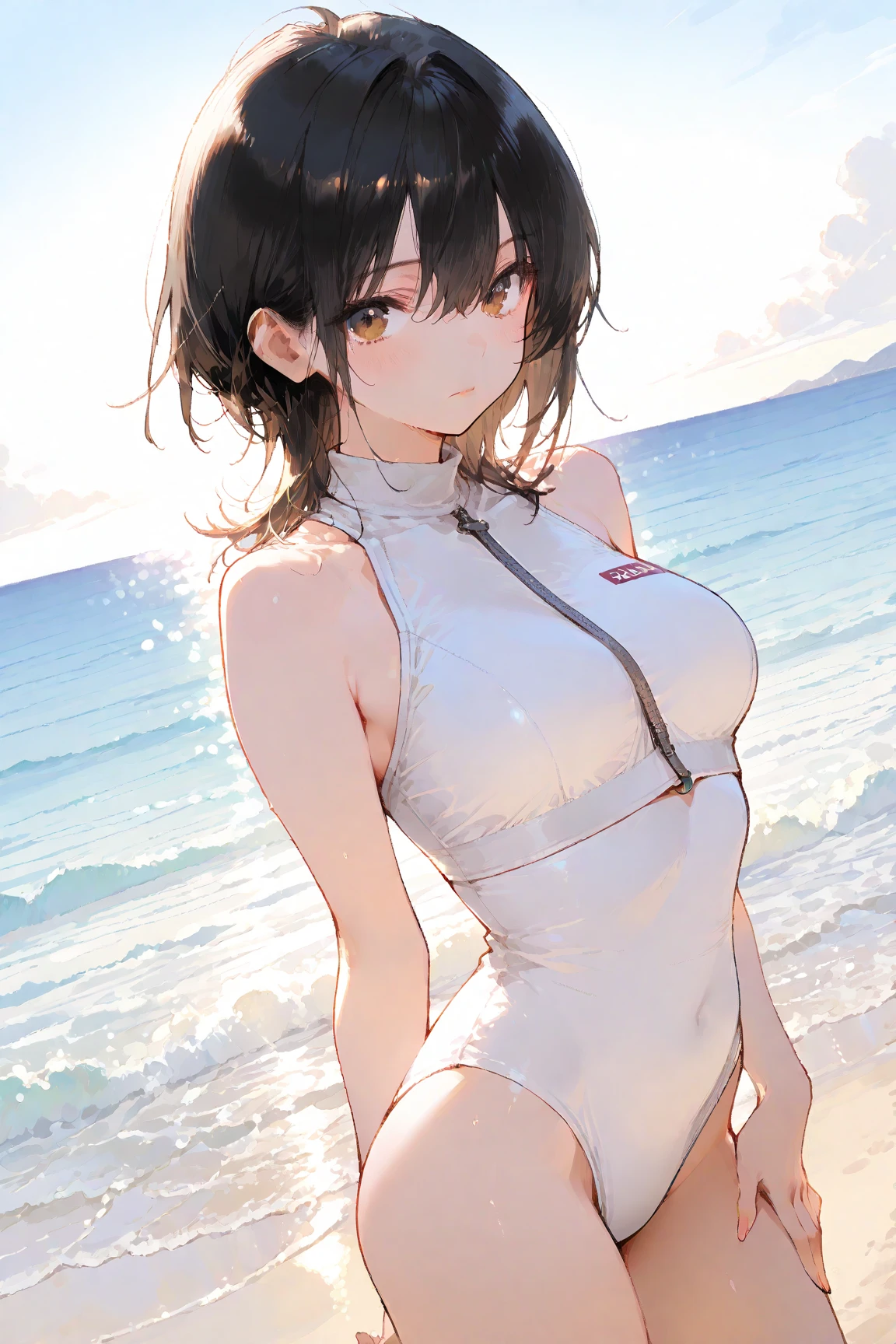 Realistic、Face reality、With a girl、Swimwear、Sexy smile、My breasts have gotten a little bigger、Sexy pose、From the front it looks like a one-piece, but from the back it looks like a mono bikini、