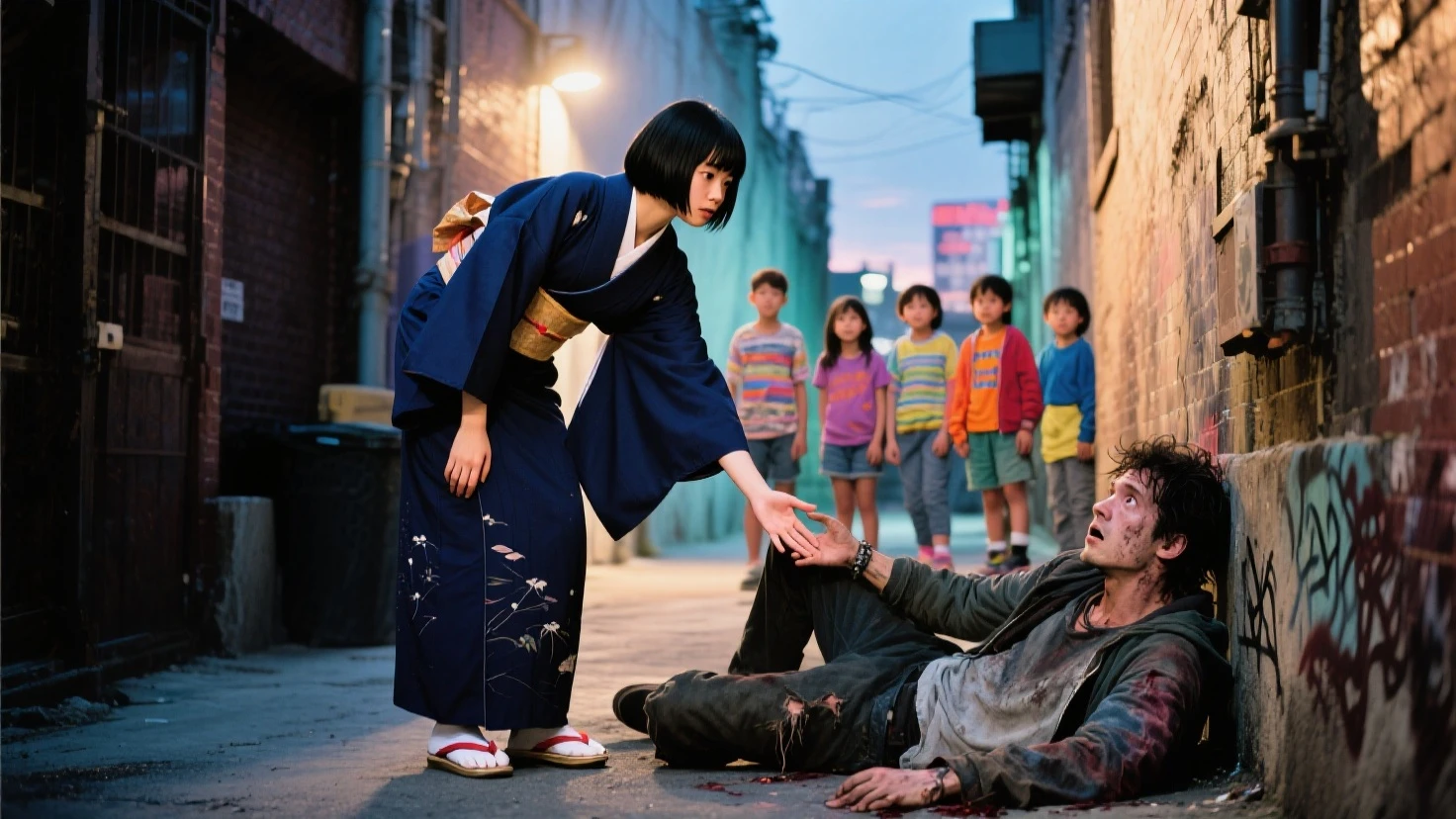 In a dark alleyway at night, a middle-aged Japanese man in his forties is attacking a young and cute 19-year-old Japanese woman. The dim light of a streetlamp barely illuminates the scene. The woman's face is contorted with fear as she struggles desperately. The man is rough and strong, gripping her arm tightly. The shadows of the surrounding buildings envelop them, and her cries for help are swallowed by the silence of the night.