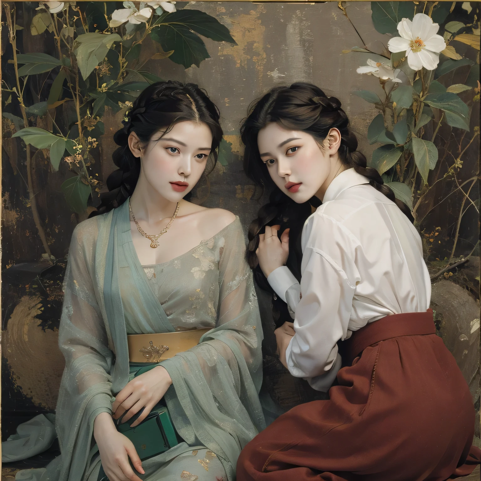 (best quality,4k,highres:1.2),ultra-detailed,realistic, portraits,colors with warm tones,golden hour lighting,a traditional Javanese garden in the background, vibrant colors, lush greenery, a tranquil waterfall, exotic flowers, traditional music playing in the background, sparkling dewdrops on leaves, intricate carvings on the wooden bench, a serene expression on her face, delicate jewelry, the sound of birds chirping, a gentle breeze, the smell of jasmine in the air.