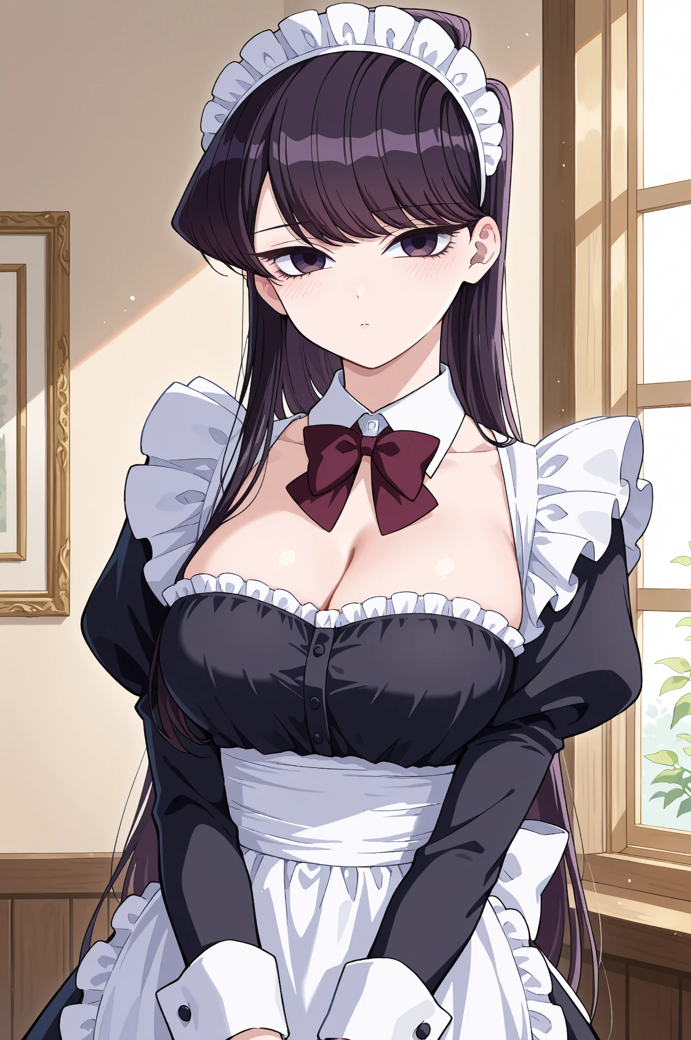 {{masterpiece}},high quality, 4K, 2D, 1 girl,{simple gray background},{{attractive mature lady}},milf,standing,sagging breasts,{{gigantic breasts}},maid,front face,{{tareme}},attractive mature lady,black hair, {from right in front of face and body},View viewers from front,{front facing shot},Wear glasses,(serious:0.1)