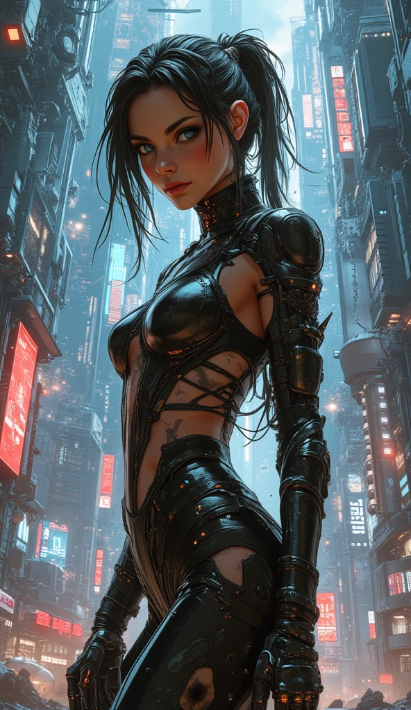 Detailed portrait cyberpunk (sks women) (40 year old sks women), Futuristic neon reflective clothing, sf, Robot parts, Ismail Inceoglu、Dragan Bibin、Hans Thoma、Greg Rutkowski、Alexandros Pilomaris、Necro、René Margit、An illustration, Perfect Face, ((tattoo)), (Long Hair),, Matte skin, pores, Wrinkle, Ultra-detailed, Surreal,, Moody lighting, Hasselblad Award Winners, Soft Diffuse Lighting, Grin,, Machine Face, Fine details, Realistic shadows, Complex, elegant,