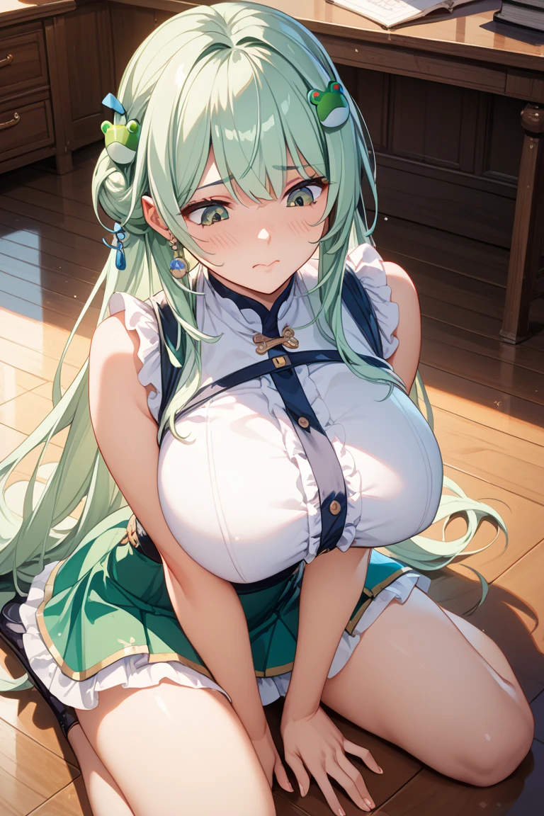 score_9, score_8_up, score_7_up, source_anime, BREAK 1girl, sdrnd, purple eyes, green hair, long hair, bangs, double bun, antenna hair, big breasts, blush, , smile, shy, embarrassed, smile, , maid, mansion, room, looking down, from bellow, seductive smile, table, happy, very happy