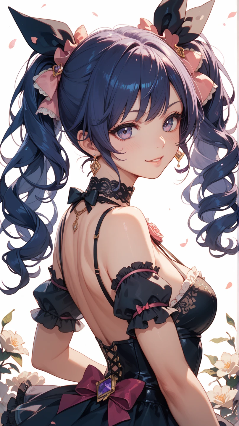 sideview,solo,upperbody,blue curly twintail,Embarrassed smile、Daughter of a European millionaire、(sexy cute underwear),secret、England、Bedroom、snap shot、Looking at this++