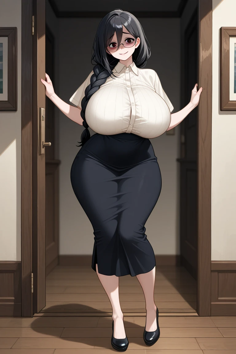 A woman in a black outfit, barefoot, strong, curvy, busty, smirk, evil, thick thighs, front view, looking at viewer