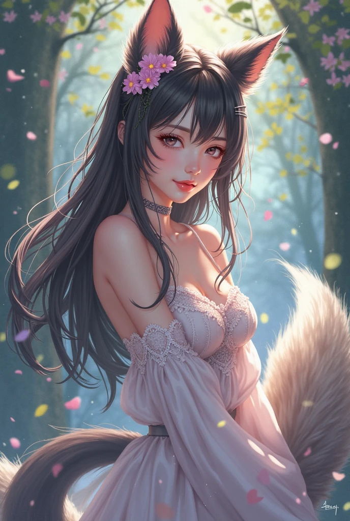 The tail resembles a squirrel,Big and fluffy,White throughout,Ear tips,Tail pointed,knees,Has navy blue hair.Tangyuan balls with cherry blossom powder above the two eyebrows.There are pink marks on the corners of the eyes and sides of the thighs,