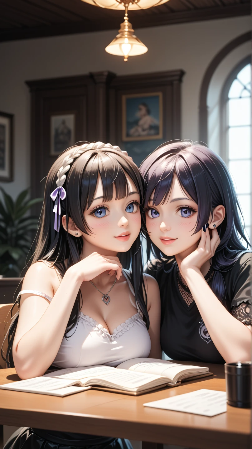 (best quality, masterpiece, uncensored, high quality, ultra detailed, extremely detailed CG, beautiful face, beautiful eyes, beautiful hair), (((2girl))), ((Long black hair)), ((Brown short hair))