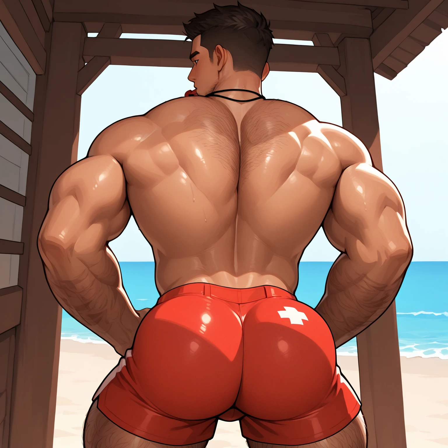 3D MAN, Looking back, wearing swim trunks, musculosos, thick-thighs, proportional butt, at the camp