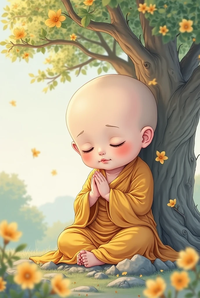 There is a little bald monk sitting on the ground，he crosses his arms,  boy wearing nun costume, Big breasts for kids, Calm expression, prayer meditation, wearing white robe, children, Wearing a white robe and, prayer pose, Wearing a simple robe, calm expression, wearing white robe, young , Innocence, portrait shooting, Blessing Hands, Buddhist, prayer, Wearing a simple robe
