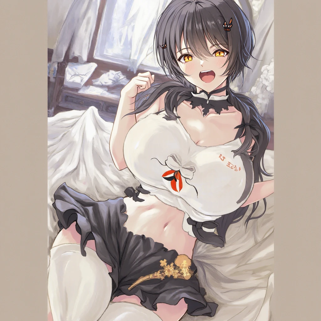 One Woman、Cute Woman、Thighs、Best image quality、High resolution、masterpiece、super high quality、Spread your legs、White bra、Polka dot panties、I can see her panties、Small ass、Big 、Blushing、4K quality、Blushing、Proud face、Wearing black stockings、bed、Spread your legs wide、Panty Shot、Sweaty all over、Heavy breathing、My breasts are bouncing up and down、heart、A mean look、Low - Angle、Slamming your hips up and down