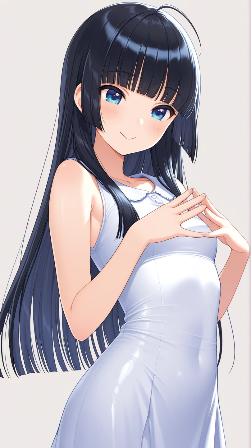 ((masterpiece、highest quality、Super detailed))、One girl、Black Hair、Long Hair、Grey Eyes、smile、Moderate breasts、((white sleeveless turtleneck))、((black panties))、Cowboy Shot、(Simple Background:0.3), (Round eyes:0.7)