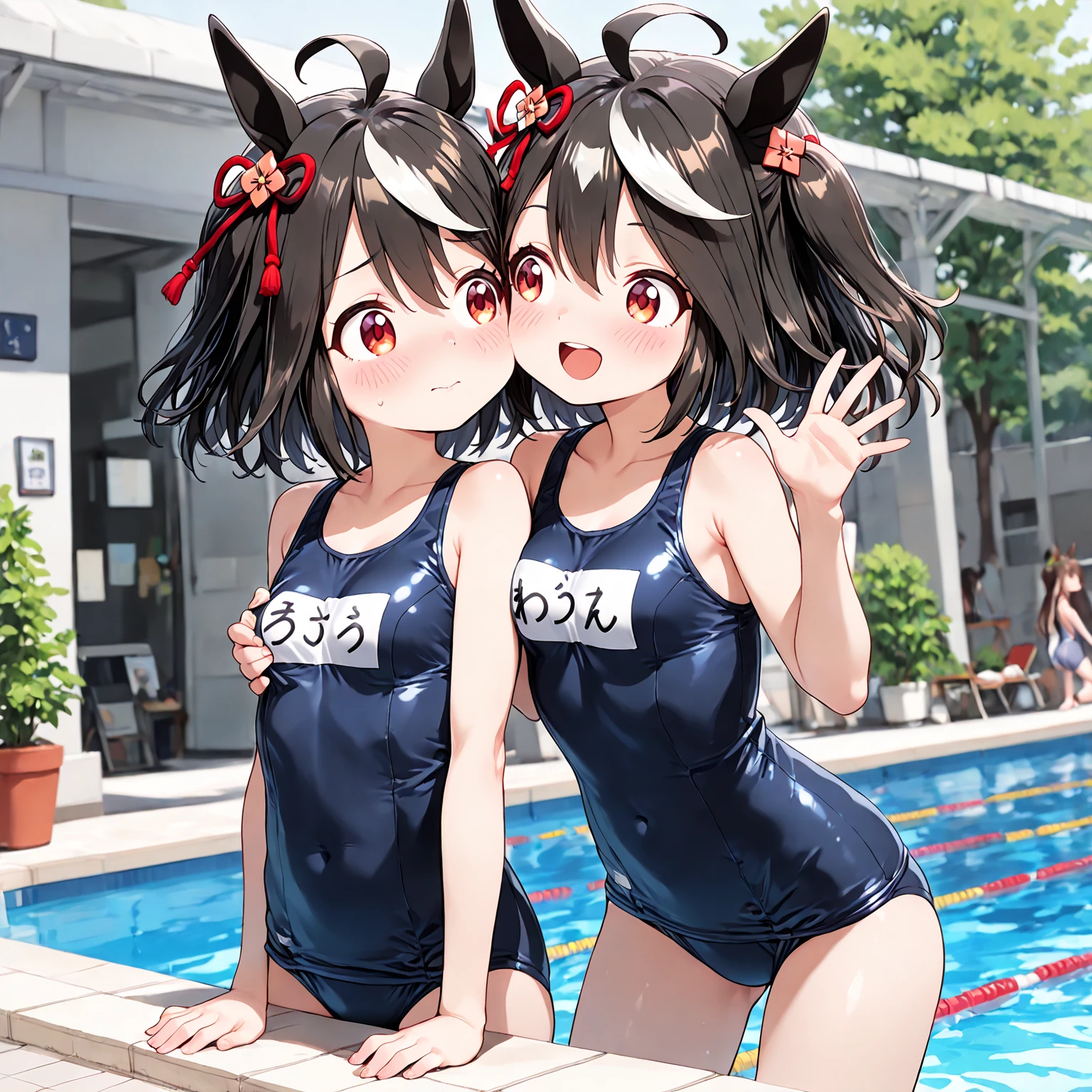 (One Japan Girl)、masterpiece, 最high quality, high quality, High precision,Highly detailed 8K wallpaper、Innocent、minimum、(Family Date)、(pool、float ring)、(swimsuit、twins)、A fun double date、cutedaughterたち、school swimsuit、ピンクのswimsuit、micro bikini、float ring、Mojimoji、(embarrassing smile)、My arm is grabbed、in water、defenseless、cuteイカ腹、Innocence、Innocence、cute顔、cute、heart、thin chest、Tsurupeta、cute顔、No correction、、Slender、Before menarche、（girl、小daughter、delicate、fox ears、fox tail、brown hair、Braid、slimming、beautiful belly、cuteお尻）、（short girl、daughter、younger sister）、From in front of the camera、look up