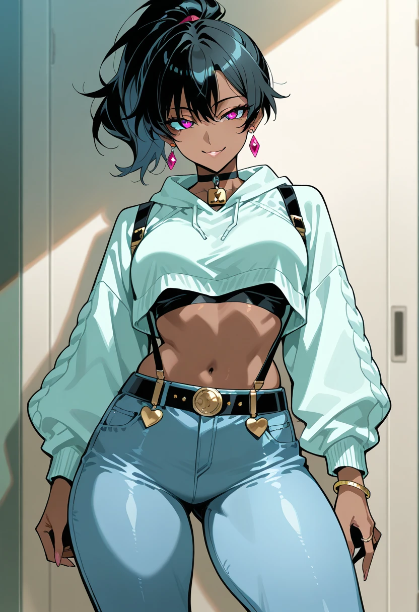 (junkotvv cabello negro orejas de gato, ojos rojos), Masterpiece, best quality, Highres, absurdres,ultra HD,BREAK,1girl,majin boo ,android21, anime of dragon Ball character,pink body,sexy figure, happy, ((looking at viewer)), indoor,baggypants,belt,black tube top,midriff,cleavage,bare shoulders, standing, upper body, cowboy shot,sexy pose,game consoles in background