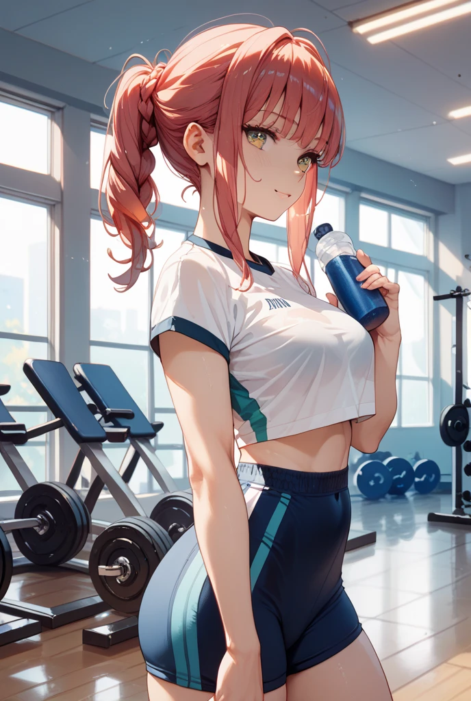 Super detailed portrait of 1 girl in leggings by ShoalBeat, sports bra, off-shoulder jacket, Braids and headbands, Strike a cowboy shooting pose in the gym, Pink hair, Symbol-shaped eyes, Sweaty and moist skin, Bring a water bottle,