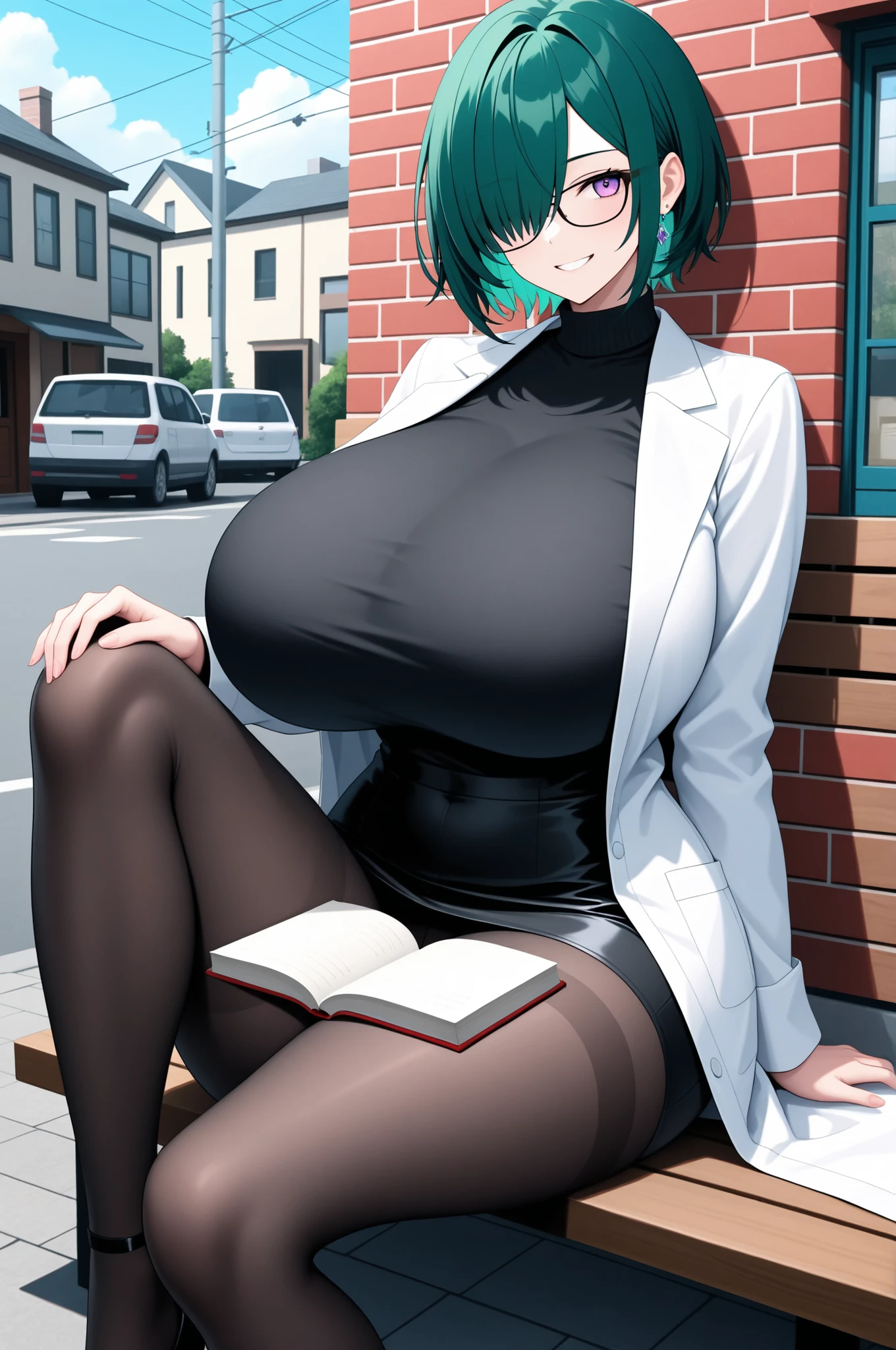 (summer light:1.2), gigantic breasts, 1woman, green hair, short hair, long banns, purple eyes, hair over one eye, put book on her knee, slight smiling, white lab coat, black glasses, black pantyhose, sitting on a wooden bench, outdoors, red brick walls behind, country streets, Windows on walls,,masterpiece, best quality, amazing quality, very aesthetic, absurdres, newest, highly detailed,high-resolution,