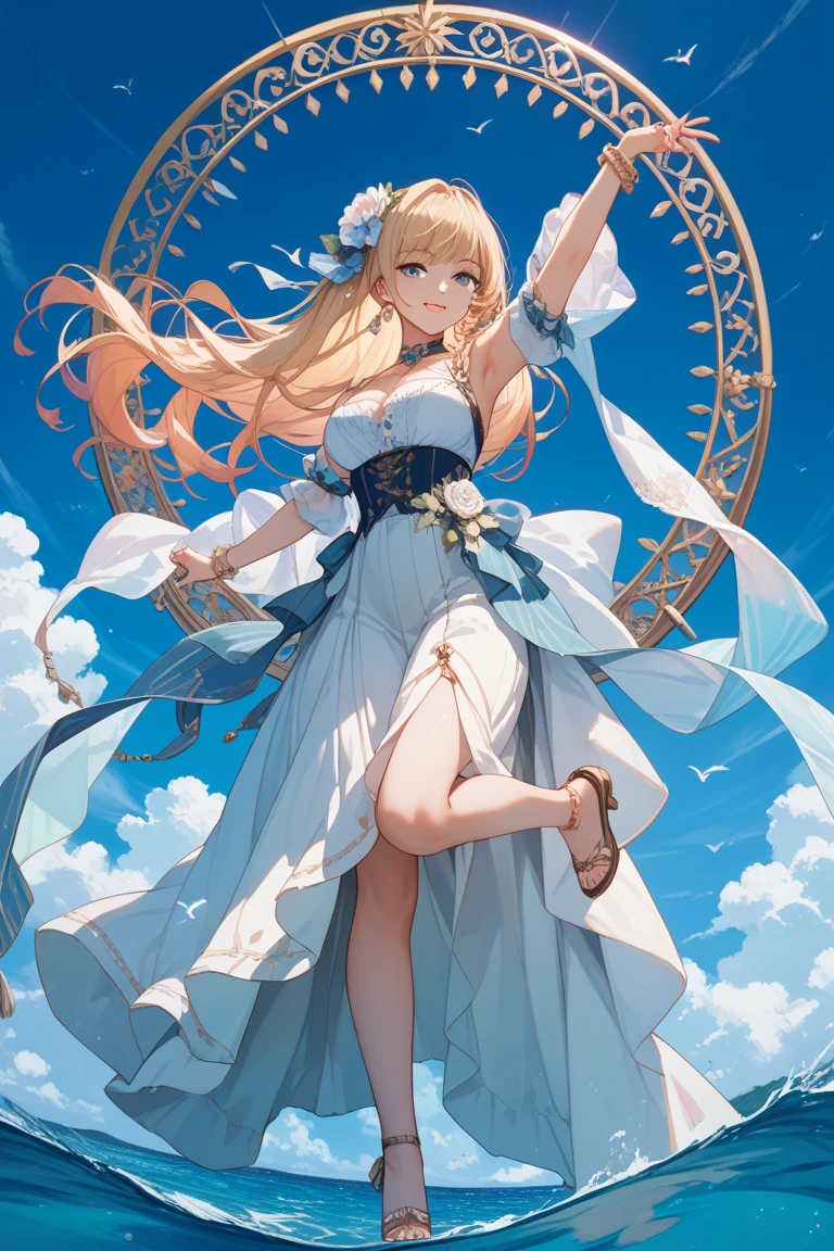 [Masterpiece], [Genshin Impact], [UHD 8K], [Ultra high resolution], [Detailed artwork], [Beautiful and Elegant], [Lumine: 1.1], smooth skin, oink lips, blonde hair, white clothes, statue of the seven, city of mondstadt, soothing wind