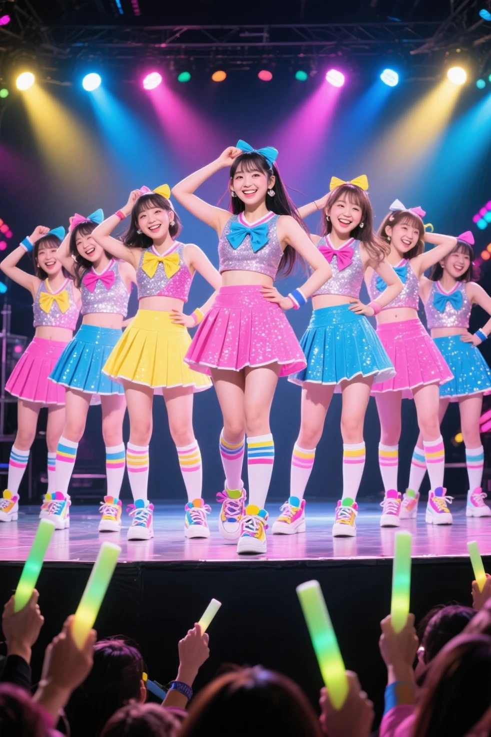 Realistic Young girl Gravure Idol group, dancing and singing, full body,from below, teen,outdoor stage