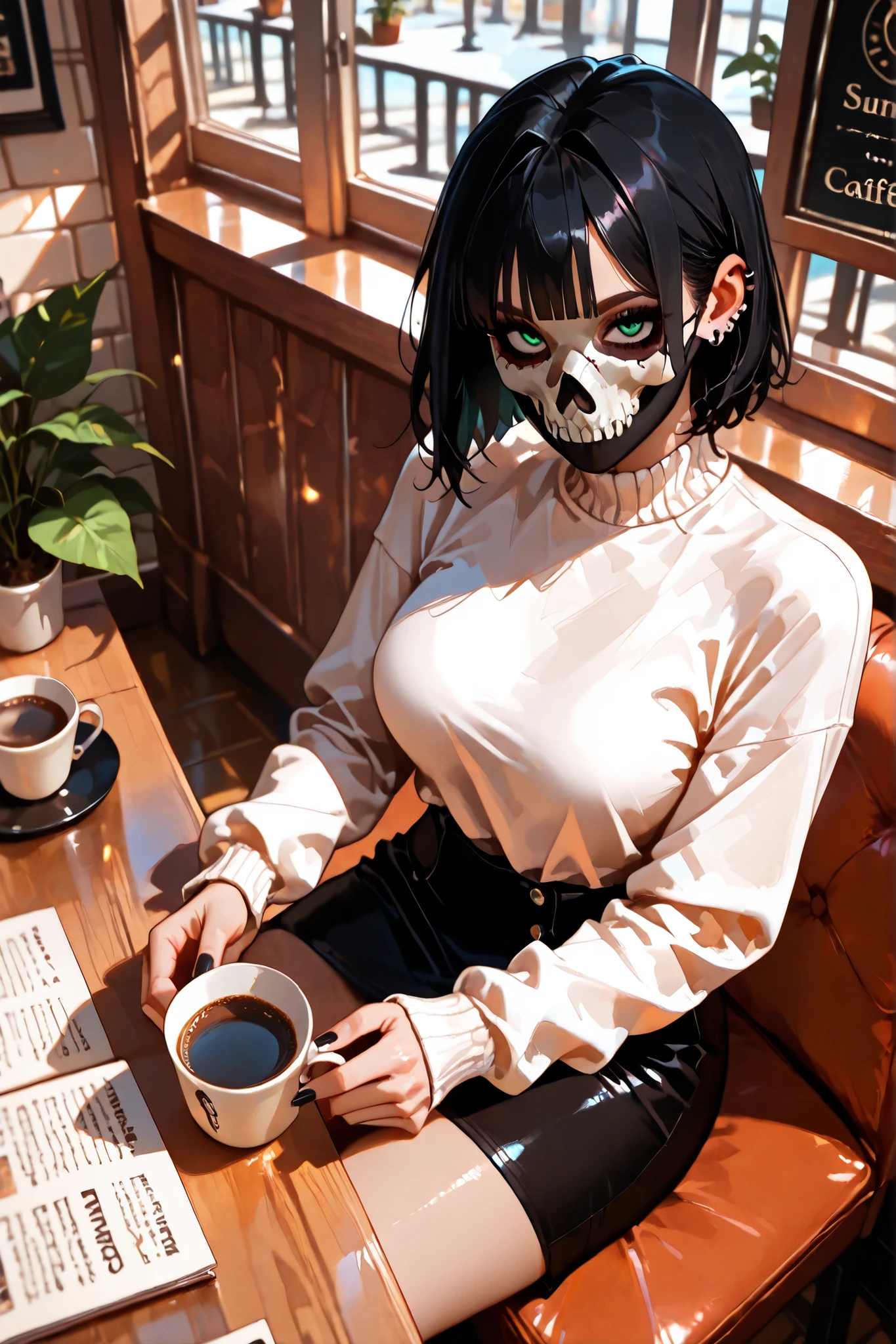 (SuperQuality:1.0) ~ (SuperQuality:1.2), detailxl, girl, Solo, High Resolution, Best Quality, High Details, Super Detailed, café, indoors, (simon_riley), ((skull_mask)), white sweater, skirt, ear piercing, large breasts, short hair, black hair, long nails, black nails, sitting, coffee on her arms, looking at viewer, beautiful eyes, ((view from above)),