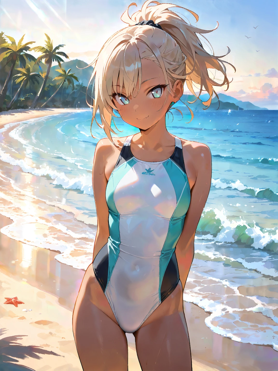 masterpiece, (best quality:1.4), detailed, girl, (solo), (yellow hair:1.2), hair down, (twin braids:1.2), (green eyes:1.2), (nose blush:1.2), (standing:1.4), hair ornament, cowboy shot, (one-piece swimsuit:1.0), (competition swimsuit:1.2), collarbone, bare arms, detailed eyes, highres, outdoor, (sky:1.3), beach, water, illustration, high details, (staring at viewer:1.2)