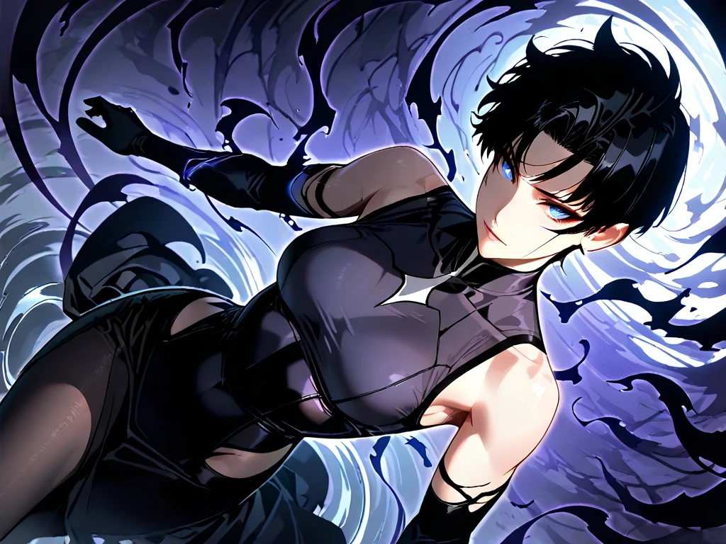 Muscular furry tomboy wearing dark black dress.