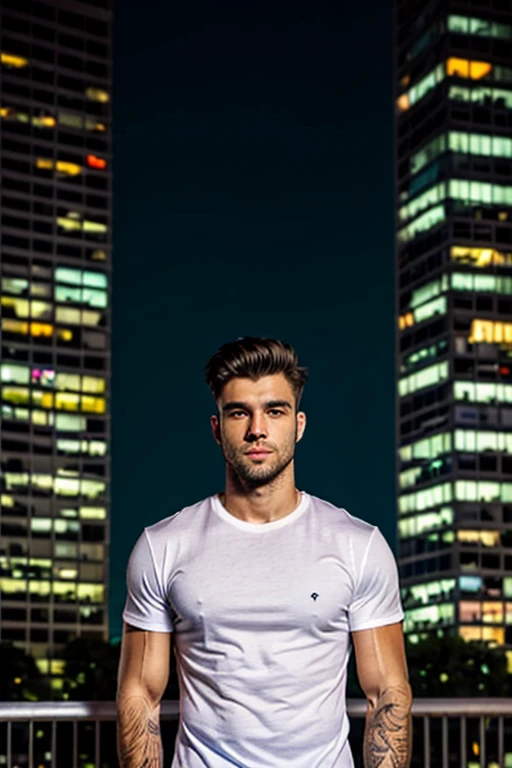 Realistic background, short hair, light beard, black tshirt, white shorts