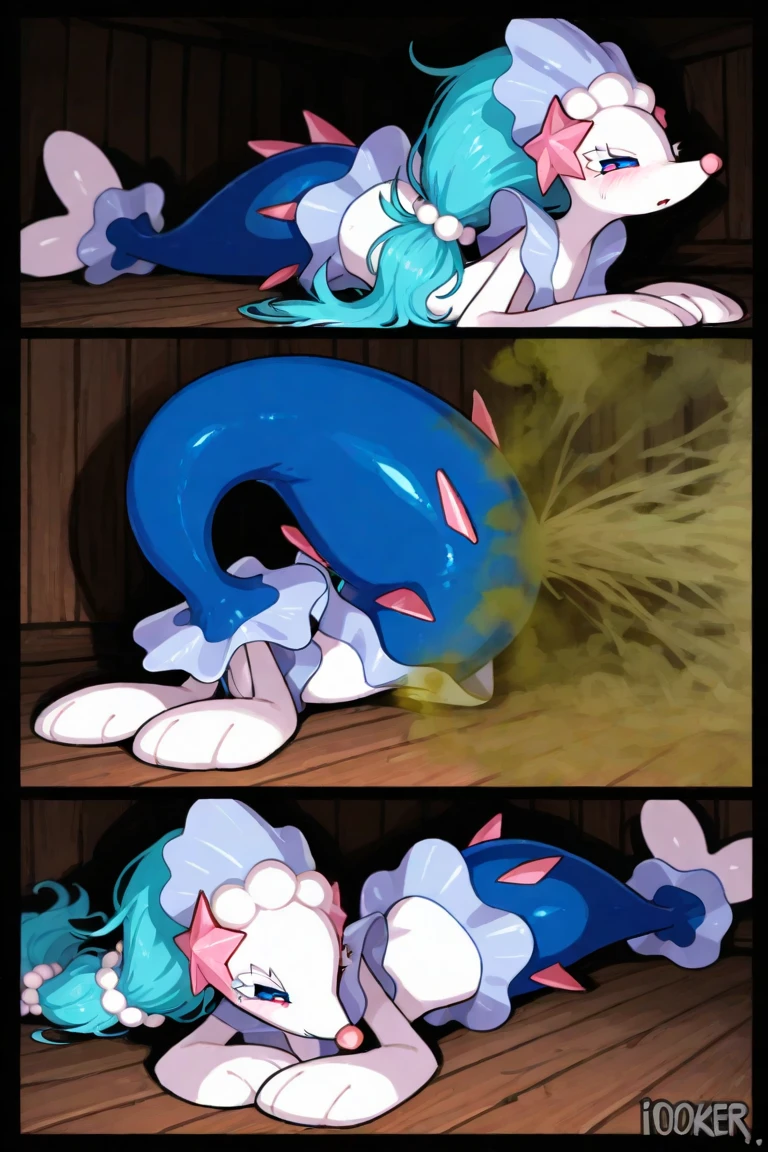 (Masterpiece) (High Detail) (High Res) A short humanoid girl with pale human skin and blue eyes and long blue hair and blue dog ears and a big fluffy dog tail is being fucked by a huge tentacle monster in an abandoned building at nighttime. Tentacles penetrating her holes, cum eerywhere, potions smashed on the floor, test tubes spilling.