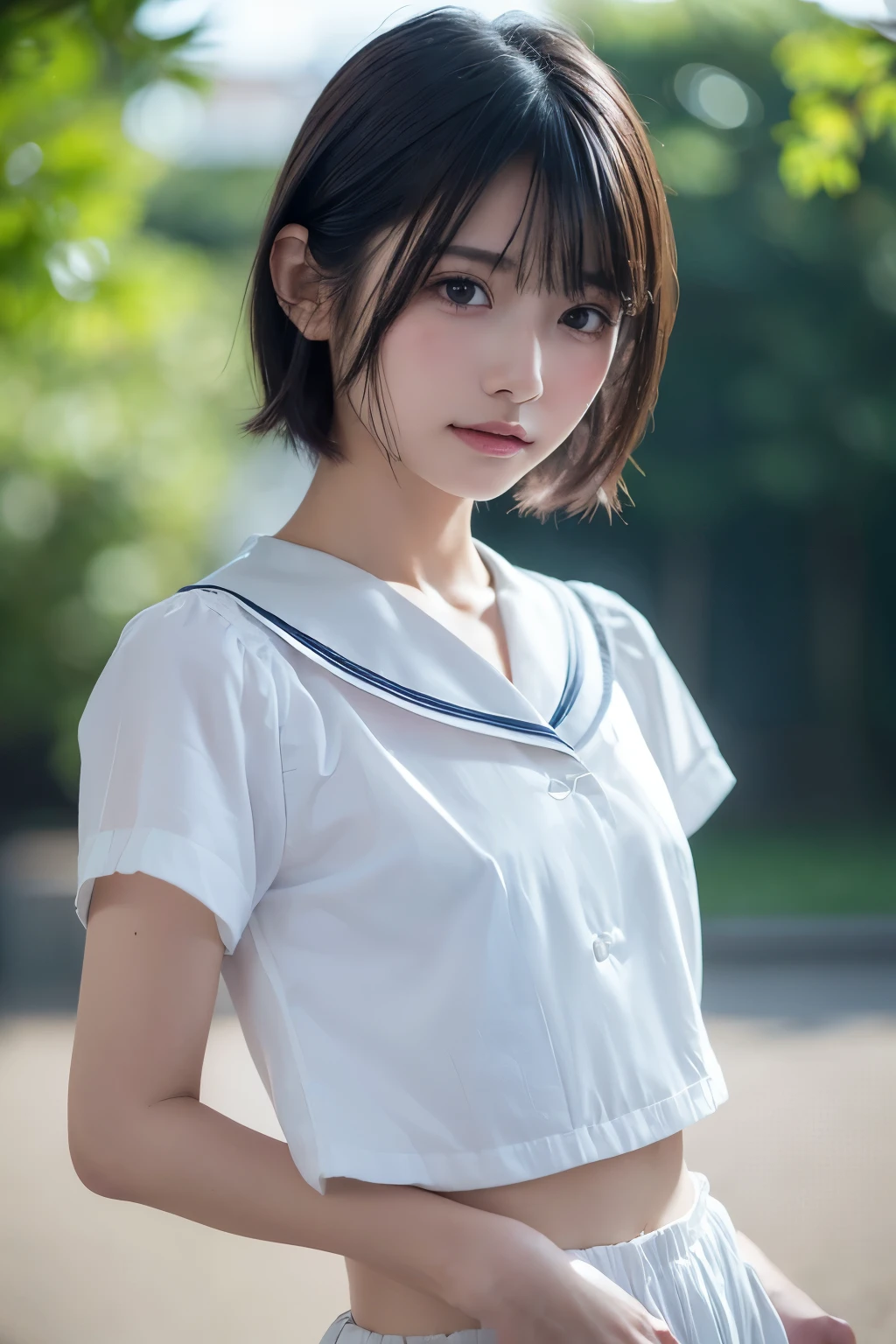(highest quality:1.4), High resolution, masterpiece,, 1 girl,, big sexy eyes、black hair,Short bob with beautiful light、please show me your ears、 brown eyes, (kemomimi), big breasts visible through clothes, nipple、slim thighs,, , (sailor suit), blush,, shrine、detailed face,realistic、realistic
