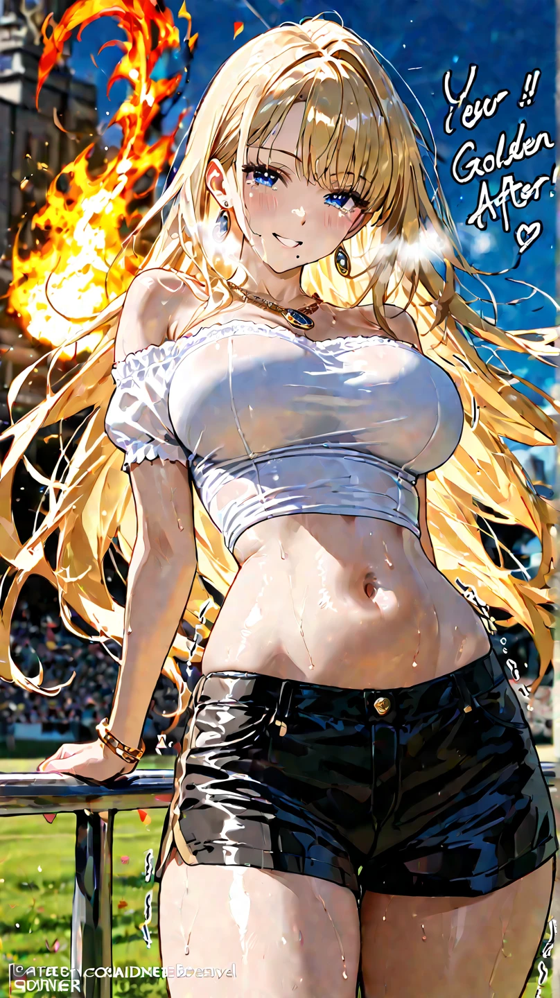 A beautiful girl dancing hip-hop. . Tank top and shorts. Cap worn with brim backwards. Her braided blonde hair is disheveled as she dances. Sweat is flying. A happy smile.A glamour and stylish beauty with gigantic saggy breasts and firm slim body.