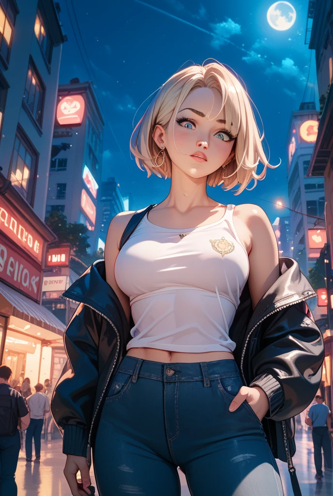 masterpiece, best quality, nsfw, 1girl, platinum blonde hair, short hair, green eyes, braids, small perky breasts, on the street, night, neon light, white t-shirt, braless, black pants, poker face, front view, standing, in crowd,