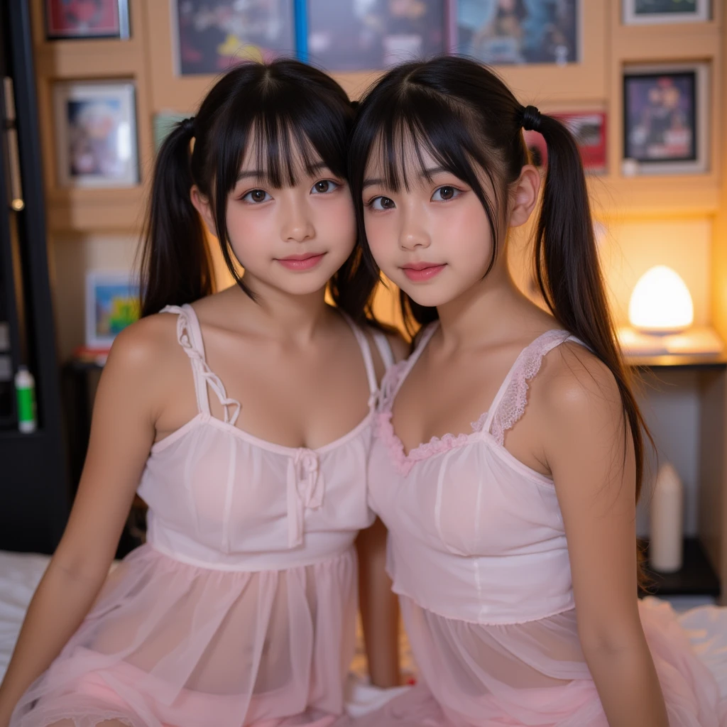 2 girls sitting on desk in wooden school classroom,white sheer baby doll dress over white bra and white panties,hands on crotch,18-year-old,bangs,a little smile,thighs,knees,short hair with low pigtails,from before,front light