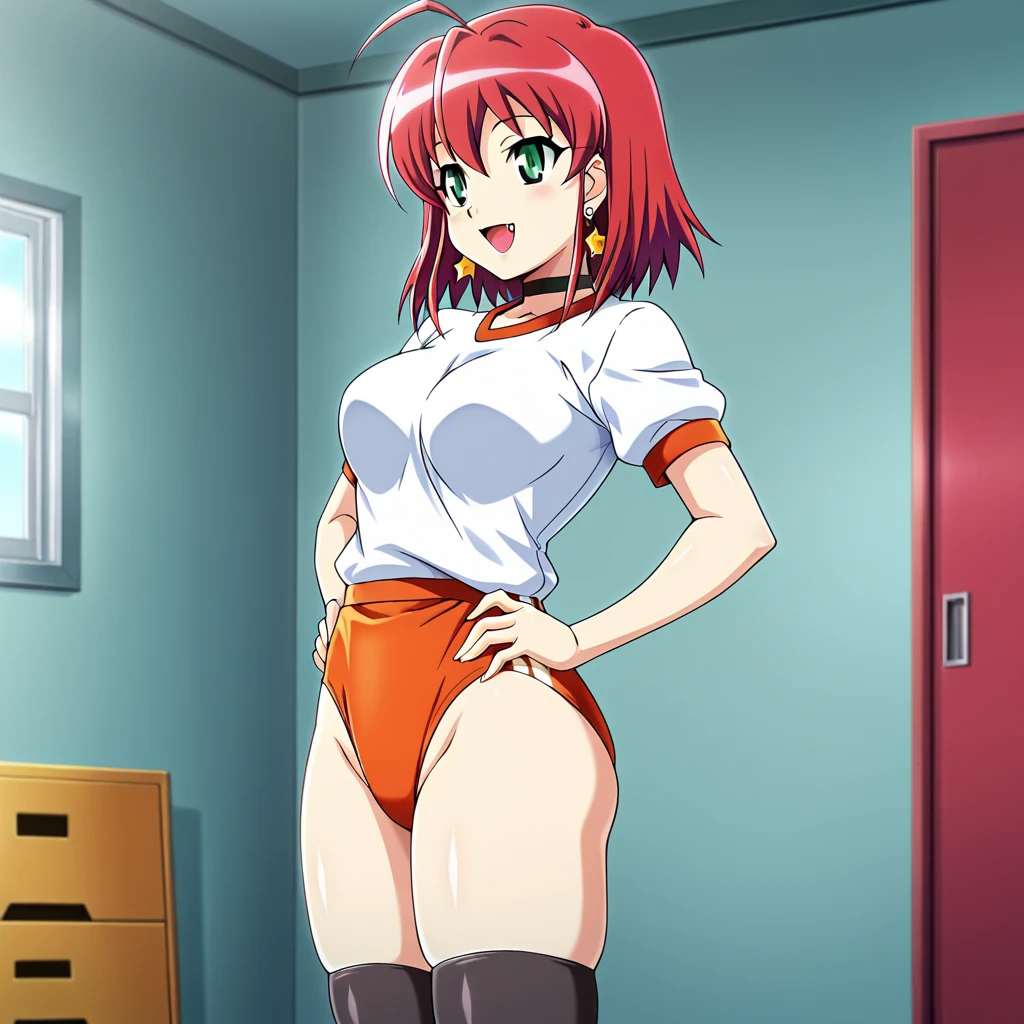 (((masterpiece,best quality,high detail))),solo,
looking at viewer,smile,open mouth,
nenatrinity,1girl,
long hair,two side up,red hair,earrings,freckles,yellow eyes,hand up,((, midium breassy, nippl anime cap,