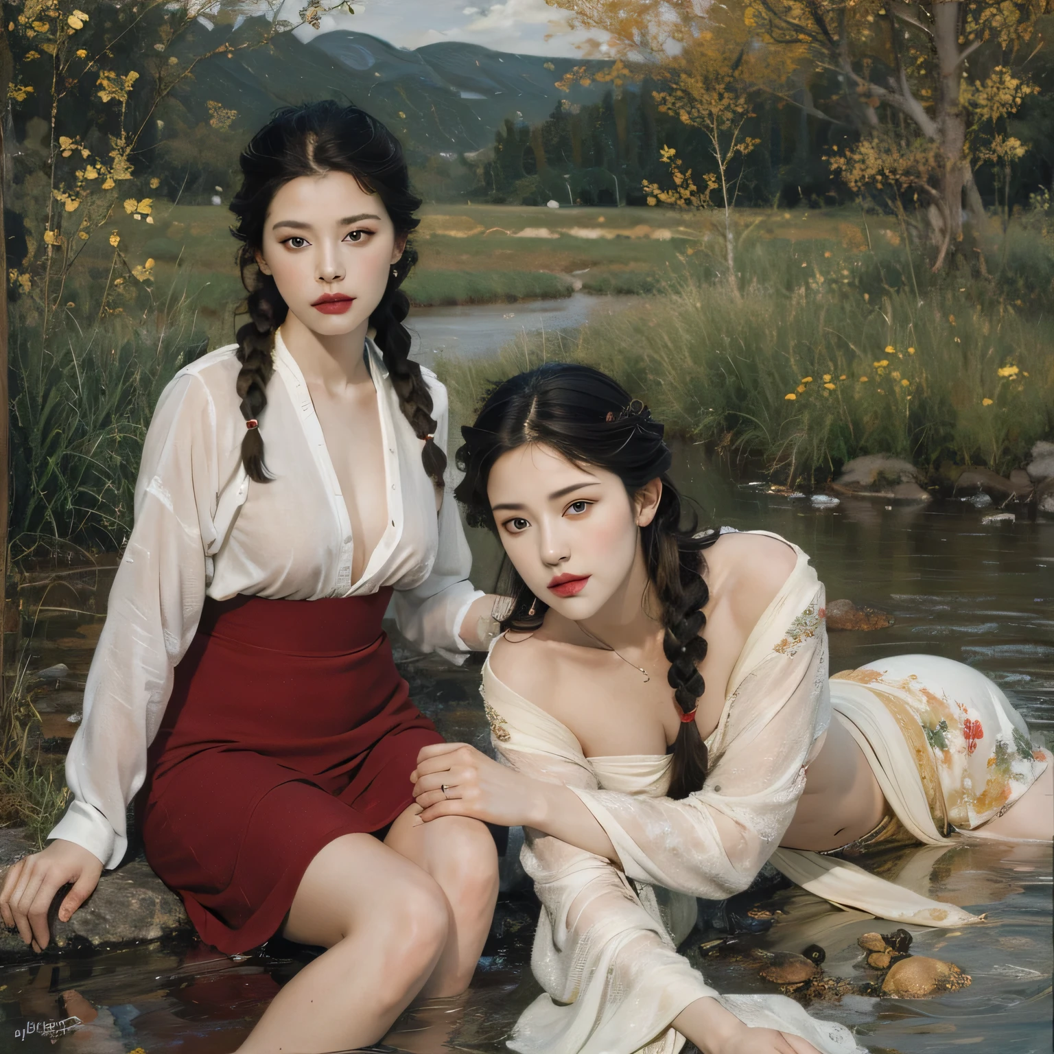 Giorgione painting style,Barbizon forest A beautiful woman in Greek dress smiles on the shore,Sweet and seductive appearance.、Caravaggio's paintings、Chiaroscuro of Caravaggio、hair tousled by the wind,Two women frolicking,cute smile, expression of ecstasy,Sexy,erotic, full body portrait