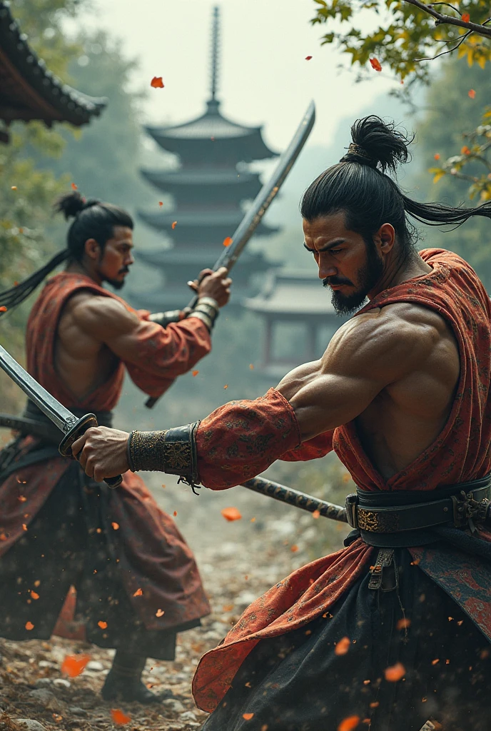 2 samurai fighting while carrying katana in their hands without wearing shirts and only wearing long, wide black pants,fighting in an empty building full of wounds and splashes of blood flowing on both of their bodies