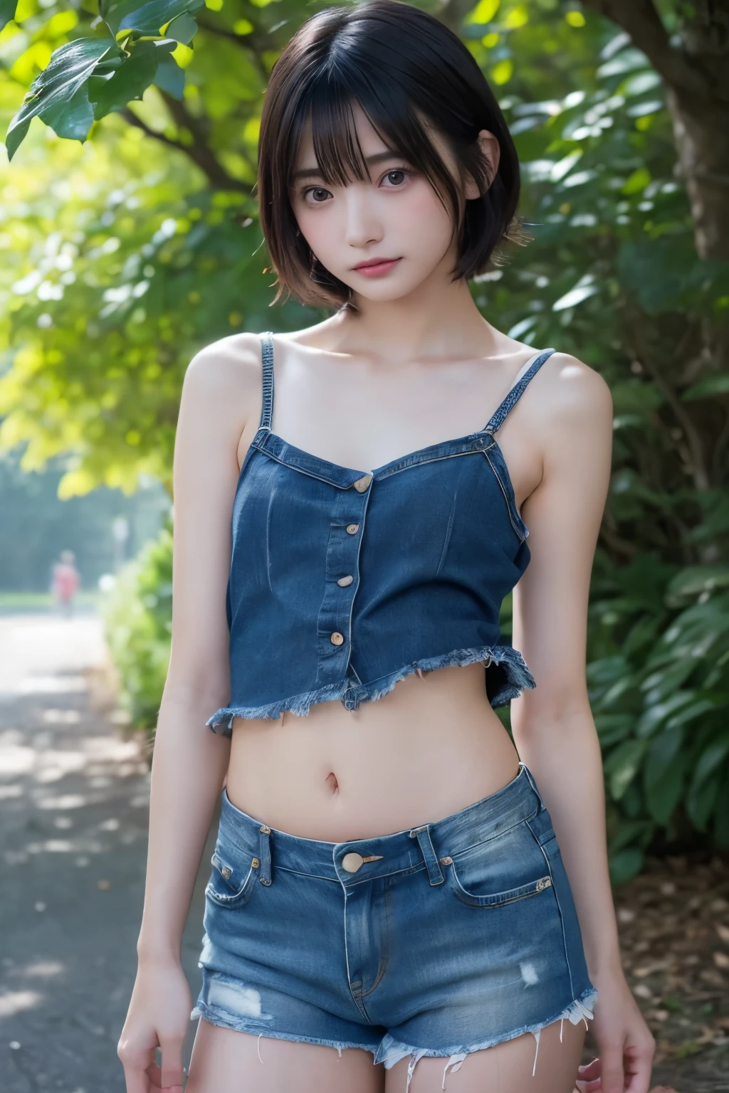 8k,Japanese,8-year-old,Innocent and innocent face,Highly detailed face,Kind eyes,,Straight Bang Hair,Hair blowing in the wind,A denim miniskirt that is too short、girl,cute,Summer clothes,Casual wear,camisole,I can see your tummy、Her belly button is visible、Random Skirt,Legs wide open、Thighsの付け根が見えてる、I can see your underwear、In the shade,Sitting,Short black hair,Décolletage,Thighs、Headband