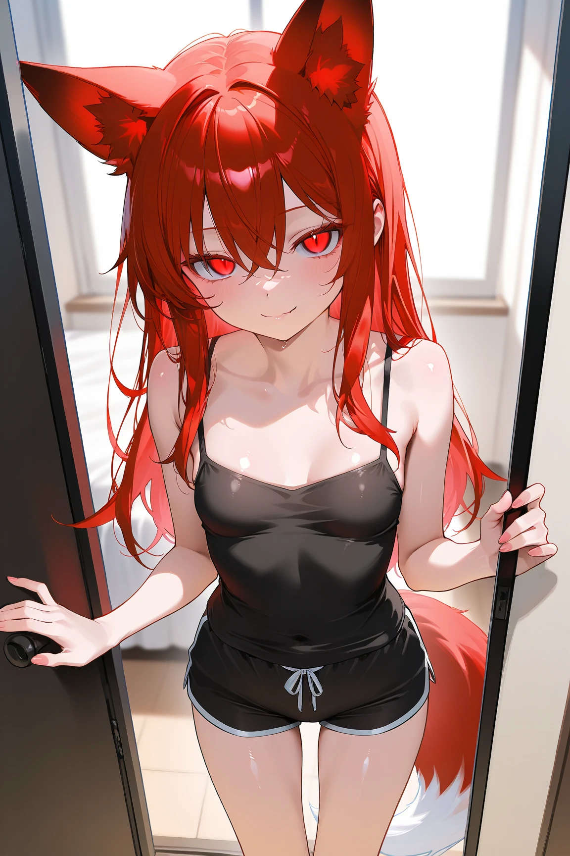 1womanl, Emo with big light red hair,smallbreast, wearing a large shirt that reaches the thigh, with bold and sexual look and pose.