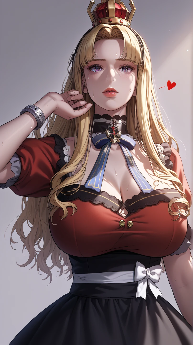 1girl, masterpiece, best quality, extremly detailed, Cinematic lighting, intricate detail, highres, official art, finely detailed beautiful face and eyes, high resolution illustration, 8k, dark intense shadows, overexposure, black corset, huge breasts, tight top, red dress, frilled dress, blonde hair, long hair, wavy hair, blush, embarrassed, blue eyes, rose hair ornament, nobless, red lips, red top