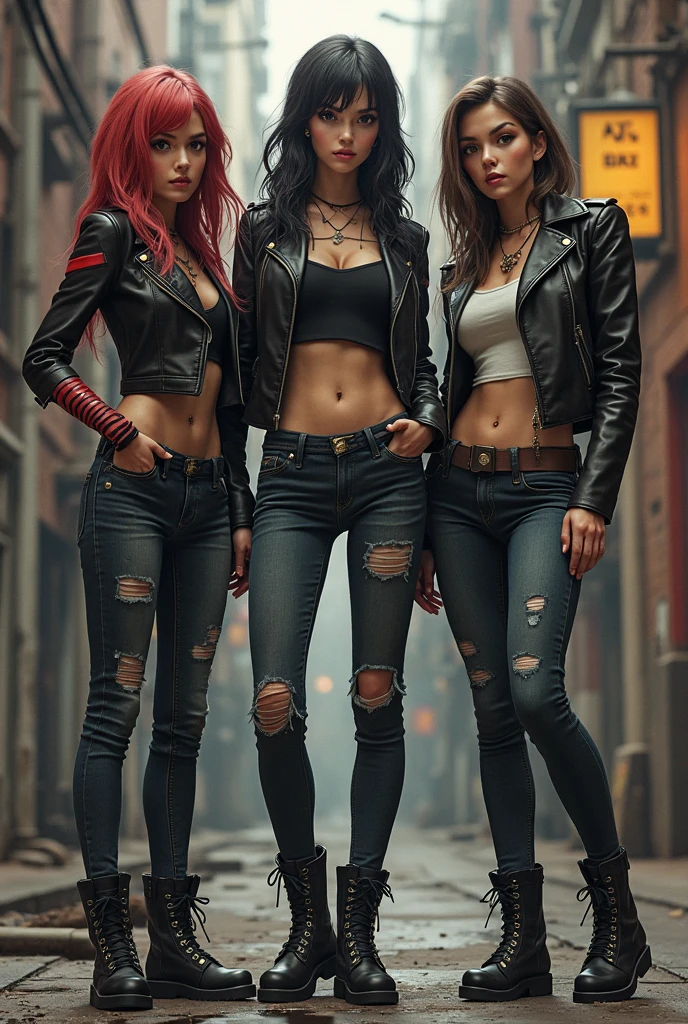 A woman with red hair, pale skin, red lips. She is wearing a 1980s punk rock jacket and ripped jeans dress, standing in a dark street