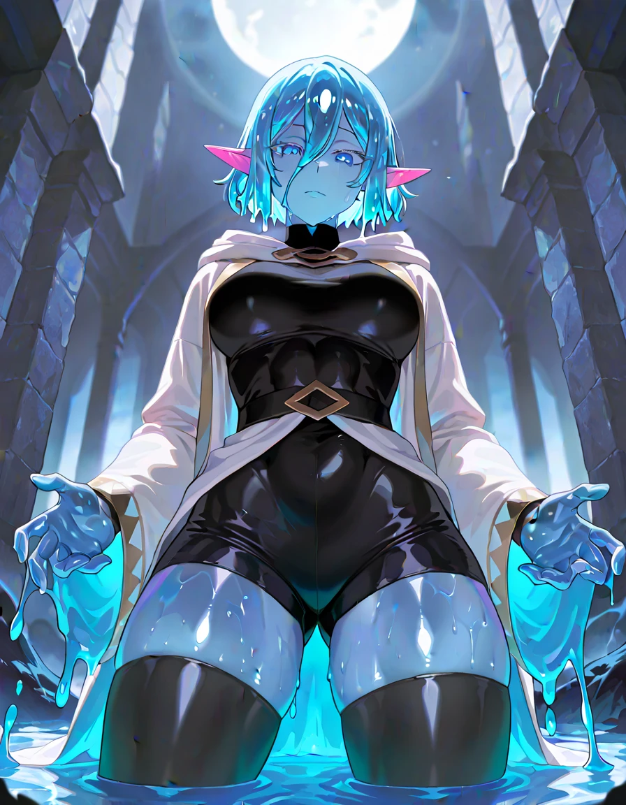 Blue Hair,Blue Skin,Black Cape,Cat ear,Liquid on the character,Slime,Lots of musical notes in the background,Combat Uniform,Underexposed eyes