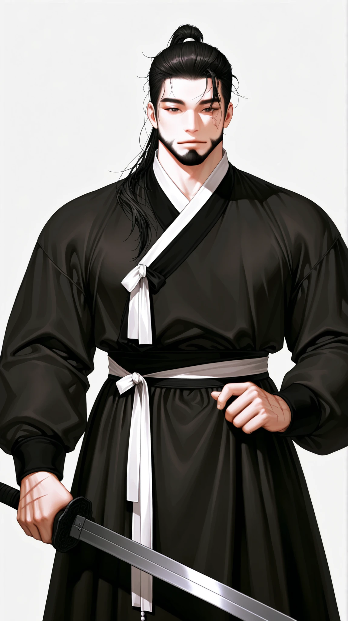 very aesthetic, 걸작, 고해상도, 8k 해상도, high contrast, semrealistic, newest, koreanai, best_quality, finely_detailed_eyes_and_detailed_face, (1 man), brown_eyes, black_hair, beard, chill out , long_hair, slicked_back, ponytail, messy_hair, black_hanbok, hanbok, cheolrik, male_hanbok, looking at viewer, front_view, cowboy_shot, (white_background), (masculine, strongman waist) , holding_sword, scars