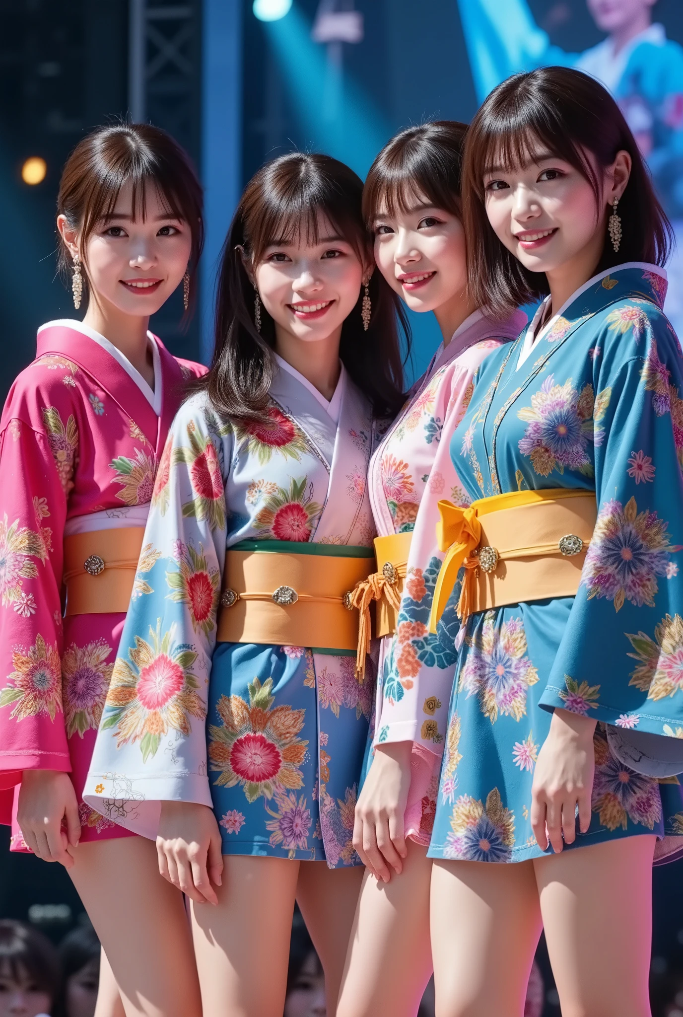 (4 person female idol unit singing live),((着物と帯のを現代風にアレンジした個性的なCostume1.5)),Bare legs, ((4 people face、hairstyle、Costume、Draw everything by color 2.0)),Big smiles at fans.Currently performing live