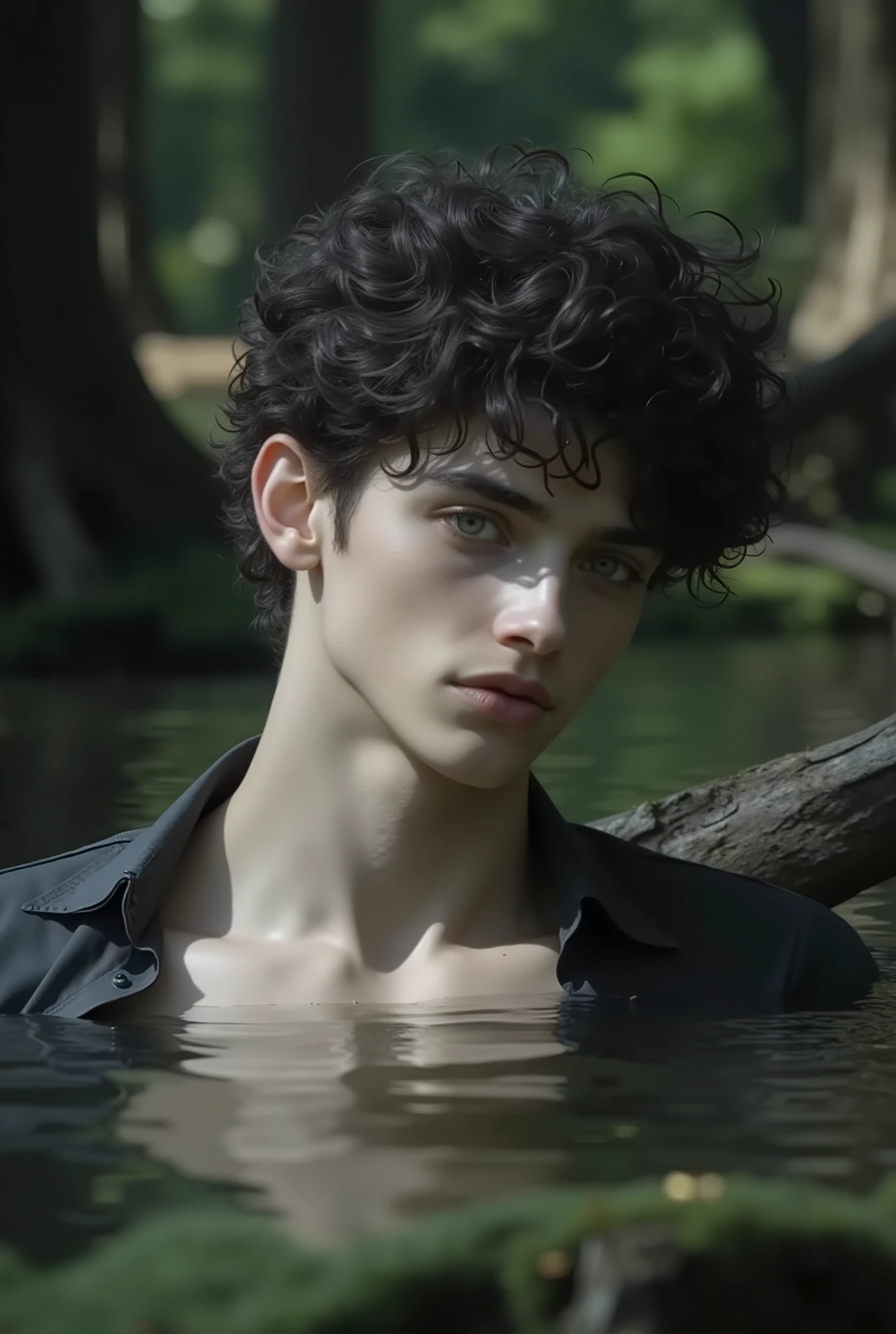 Narcissus as an adolescent Caucasian man, white pale skin , no beard, soft green grey eyes, dark afro expresso hair, face and features soft sculpted lips, well-defined jaws and cheekbones divine beauty , Divine Aura, the edge of a lake in a beautiful forest. golden ratio face