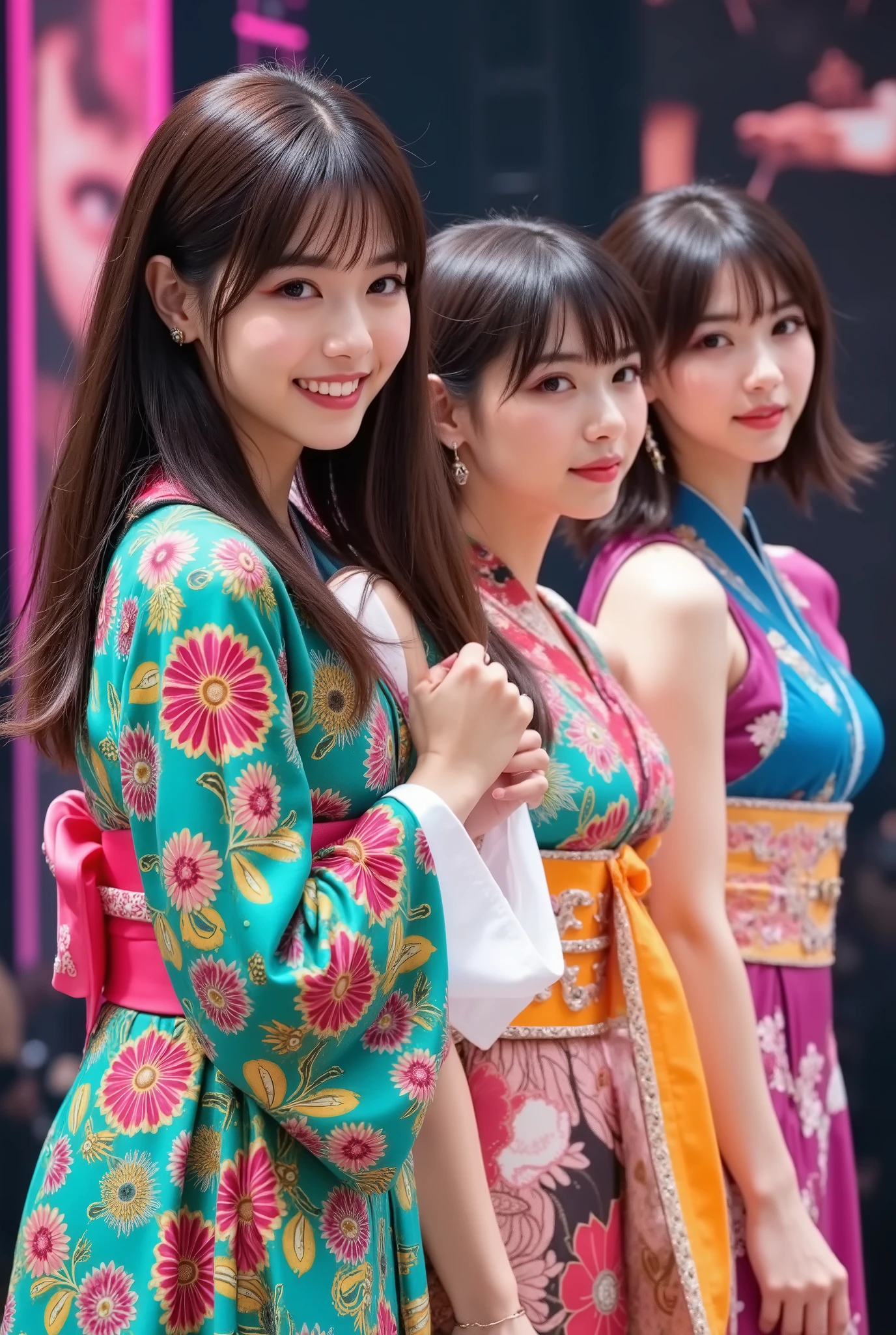 (4 person female idol unit singing live),((着物と帯のを現代風にアレンジした個性的なCostume1.5)),Bare legs, ((4 people face、hairstyle、Costume、Draw everything by color 2.0)),Big smiles at fans.Currently performing live