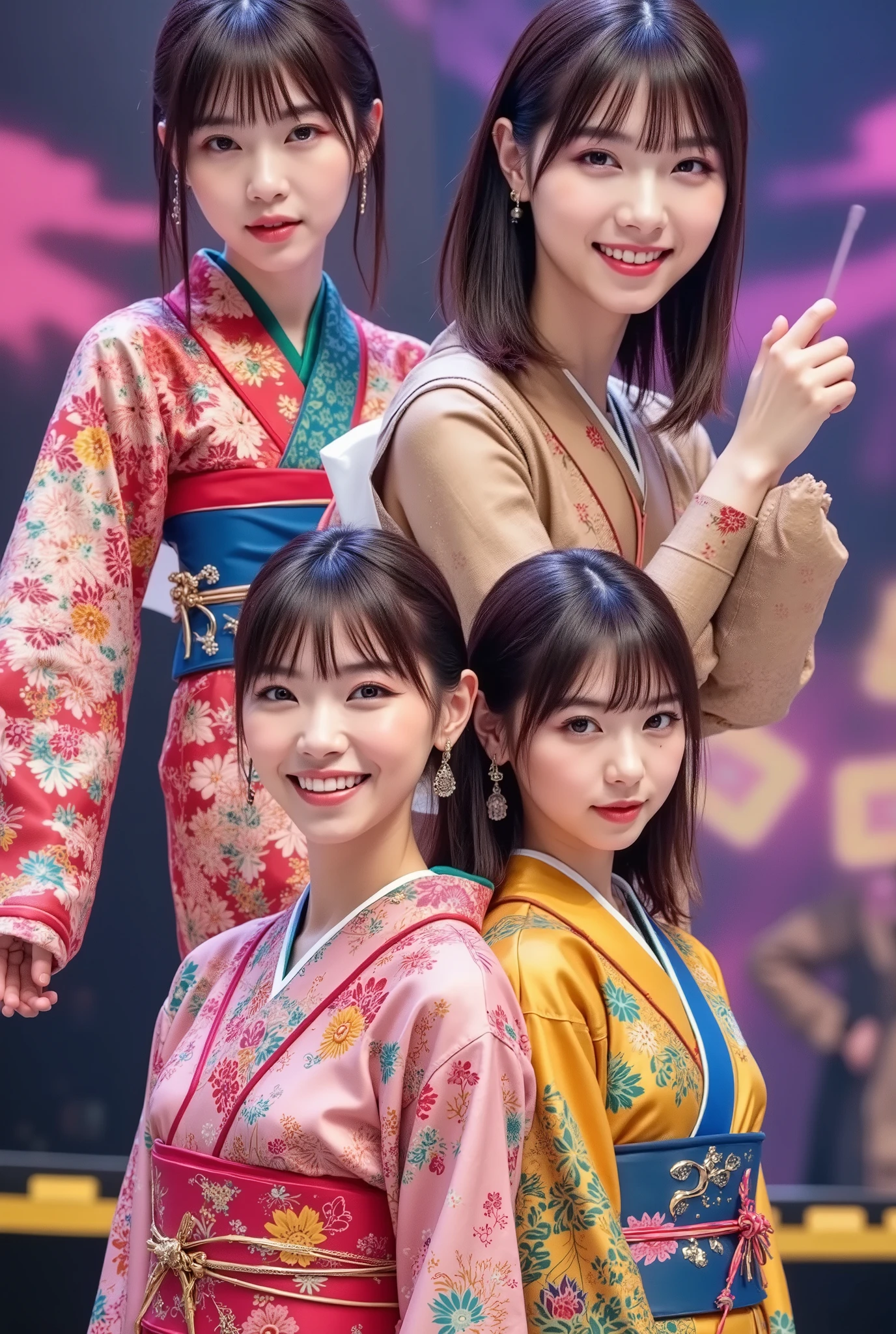 (4 person female idol unit singing live),((着物と帯のを現代風にアレンジした個性的なCostumeを着ている1.5)), ((4 people face、hairstyle、Costume、Draw everything by color 2.0)),Big smiles at fans.Currently performing live