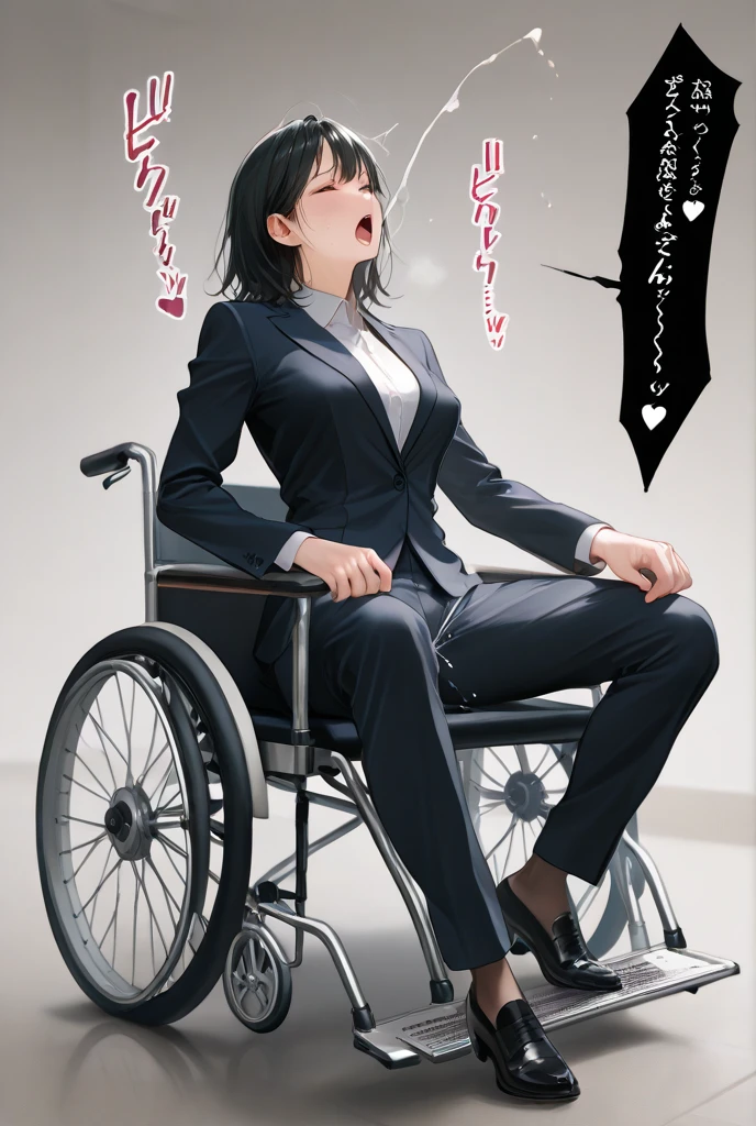 A black-haired, glasses-wearing mature woman in a suit stroking a man&#39;s penis with her hand in a pink long rubber glove in the office  